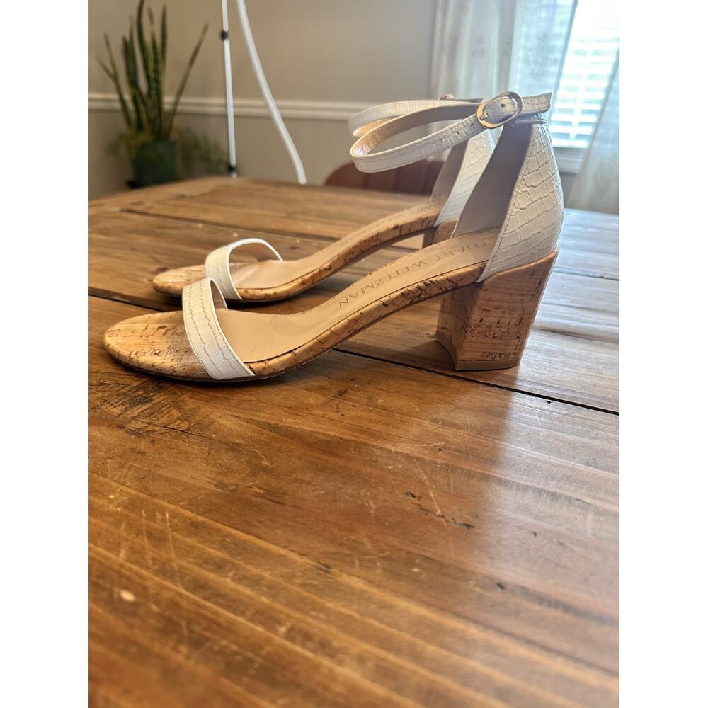 Stuart Weitzman White and Tan Block Heel Sandals